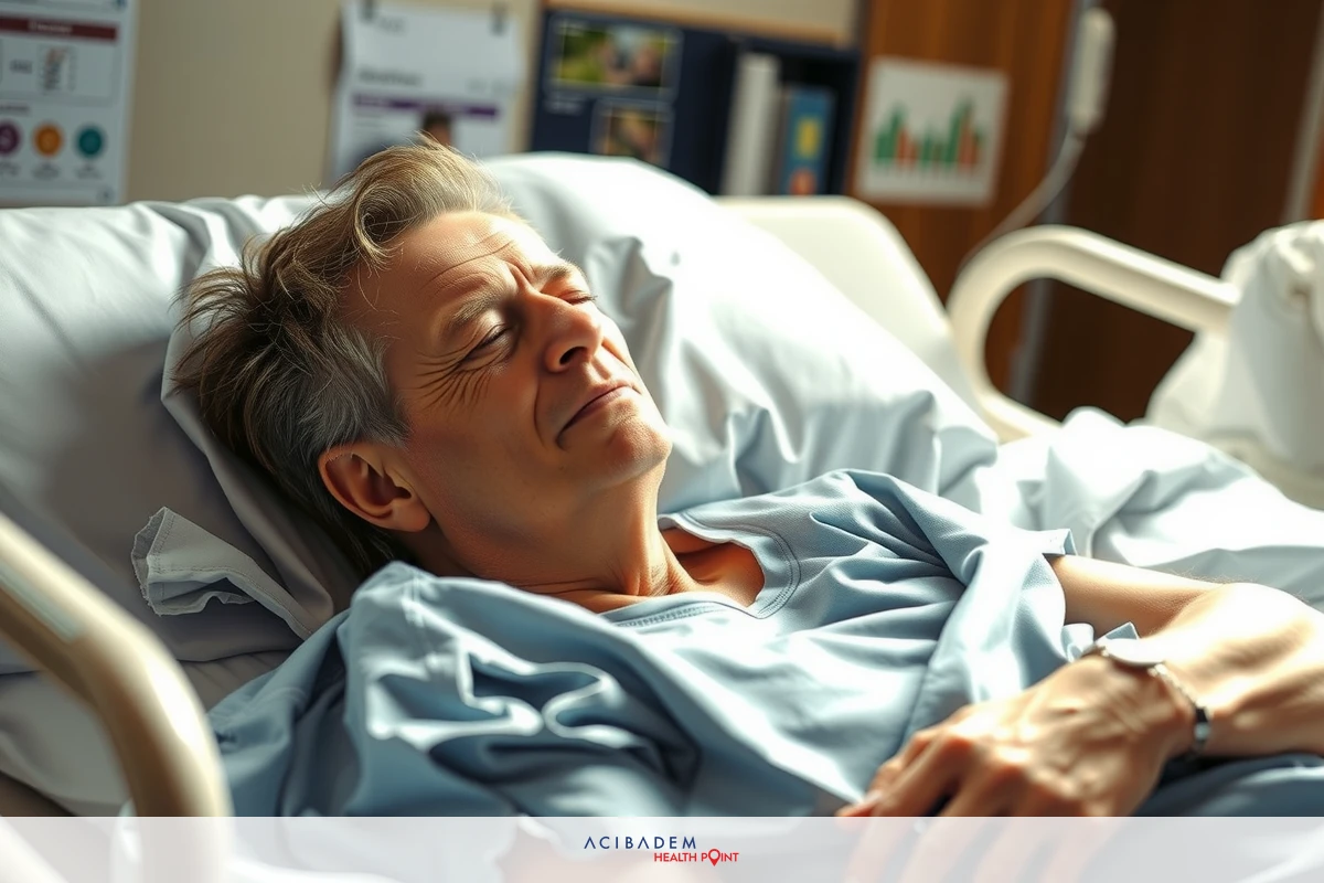 The image depicts an older woman lying on a hospital bed. She appears to be resting with her eyes closed, perhaps asleep or in a state of relaxation.