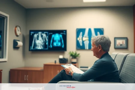 The image portrays a woman sitting comfortably in an office setting, likely in a medical environment. She appears to be reading a document, possibly related to her work or personal matters. The room is well-lit and features a monitor displaying various images, indicating a modern and technologically equipped space.