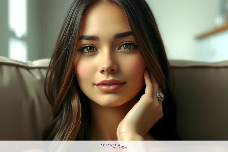 The image shows a woman seated on a sofa, looking directly at the camera. She has long dark hair and is wearing makeup that accentuates her eyes. Her expression is neutral. The environment suggests an indoor setting with soft lighting.