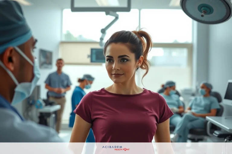 In a modern, well-lit hospital operating room, a medical team in blue scrubs are standing around. A woman, likely the patient due to her central position and the attention she's receiving from the surgeons, is smiling and looking at one of them.