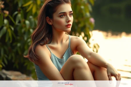 Is Plastic Surgery Good For Health? The image depicts a young woman sitting by a body of water, possibly a lake or pond. She is wearing a sleeveless top. The environment appears calm and serene with trees and greenery around the water's edge. Her expression seems contemplative or relaxed.