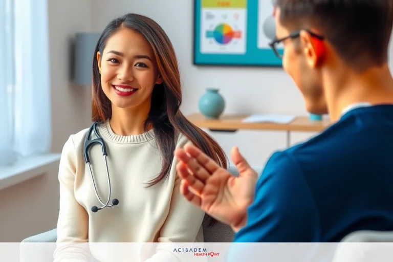 In the image, there is a young female doctor sitting across from a male patient in what appears to be a clinical setting. The woman is dressed professionally.