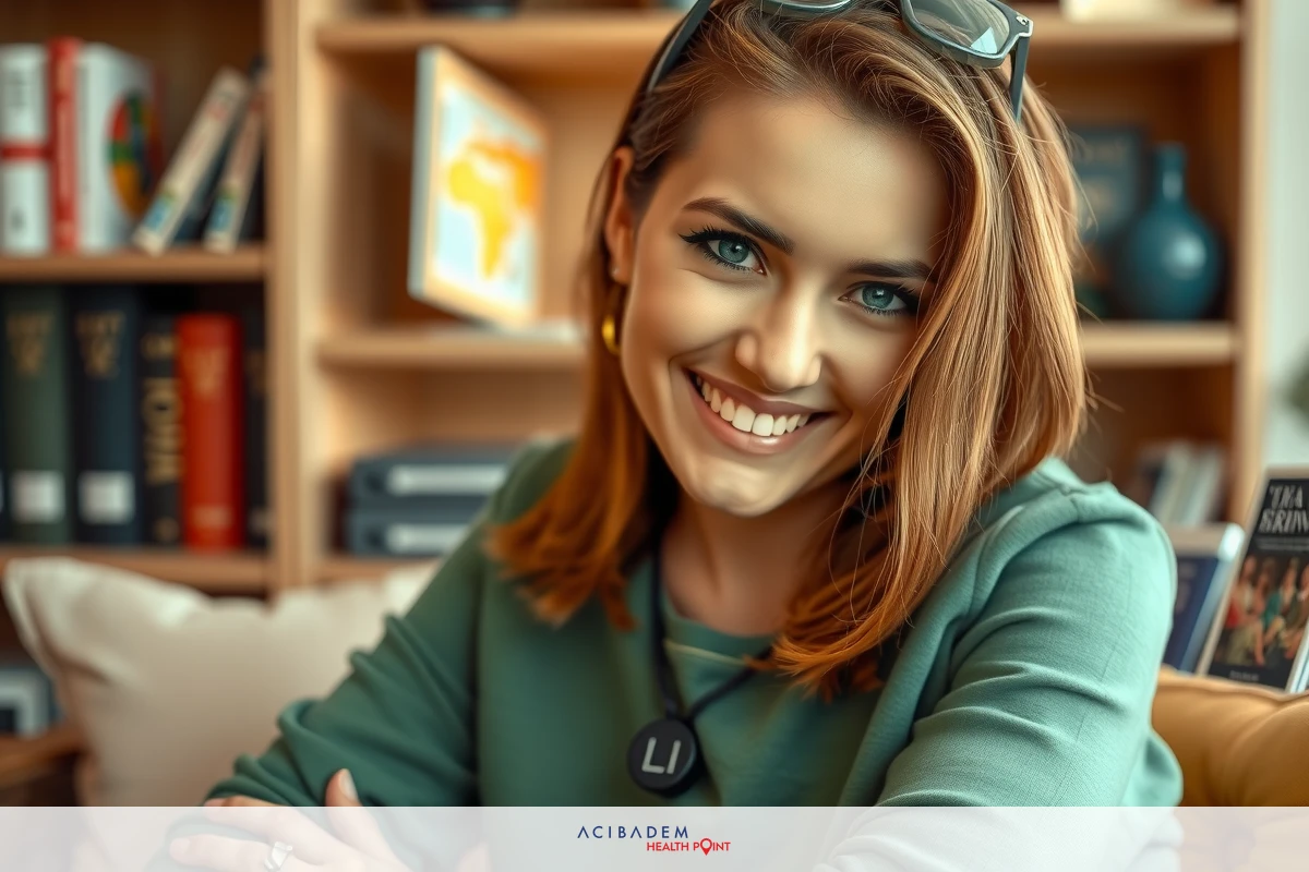 A woman with glasses smiling, seated in an indoor room filled with books. She is wearing a green top and has her arms crossed. The room is dimly lit, creating a warm ambiance.