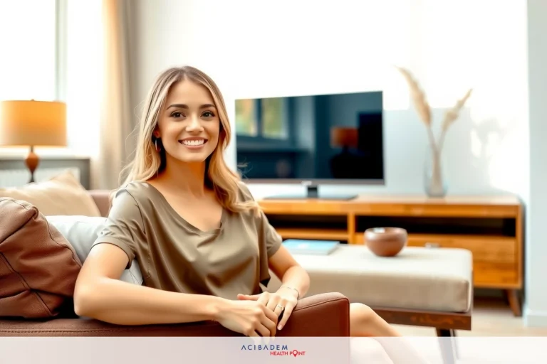 The image is a portrait of a smiling woman sitting on a couch in a modern living room. She wears a casual, olive green top and has blonde hair styled in loose waves.