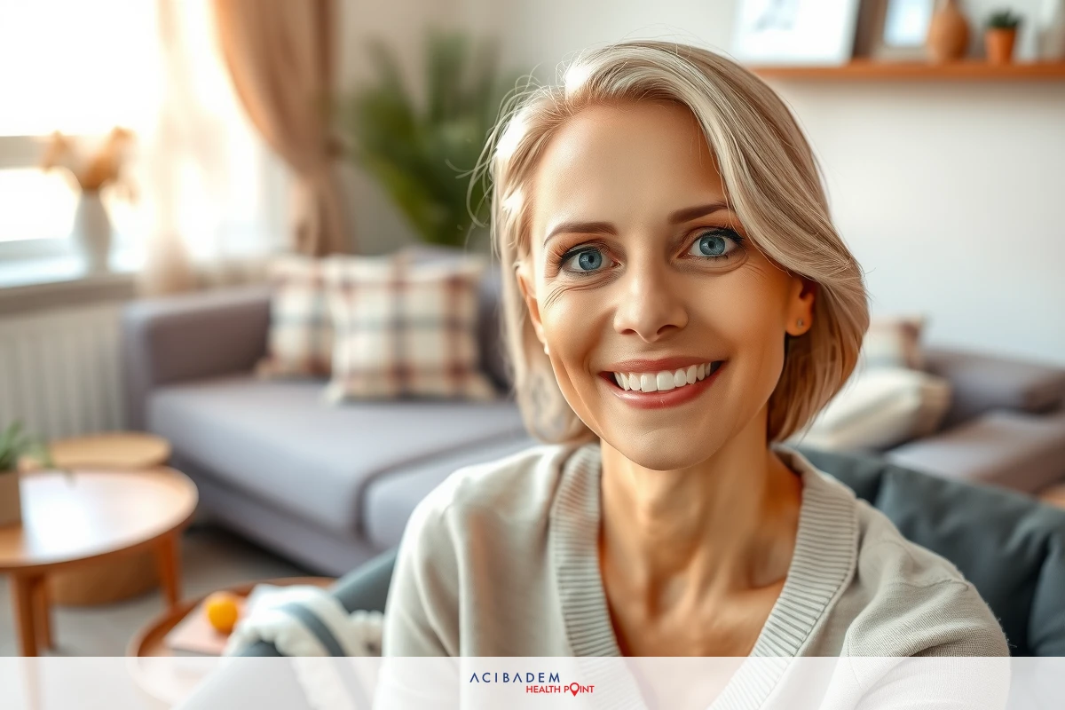 Smiling woman in a home environment, sitting on a couch with her hands together. She appears to be engaged in a conversation or enjoying a pleasant moment.