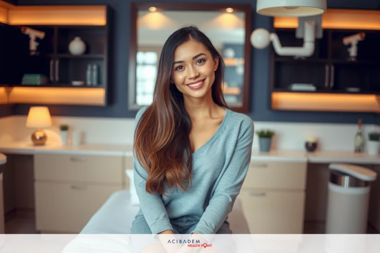 Which Is The Best Country For Plastic Surgery? A woman in a robe is seated at a medical clinic. The setting appears to be a professional salon with modern fixtures and shelves of wellness products in the background.