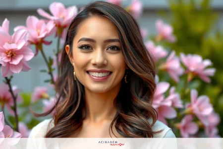 The image features a young woman smiling at the camera. She is standing in front of pink flowers, which appear to be cherry blossoms, based on their color and shape.
