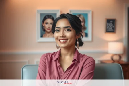 A woman in a pink shirt smiling at the camera, sitting in an office environment. There are pictures of women on the wall behind her.