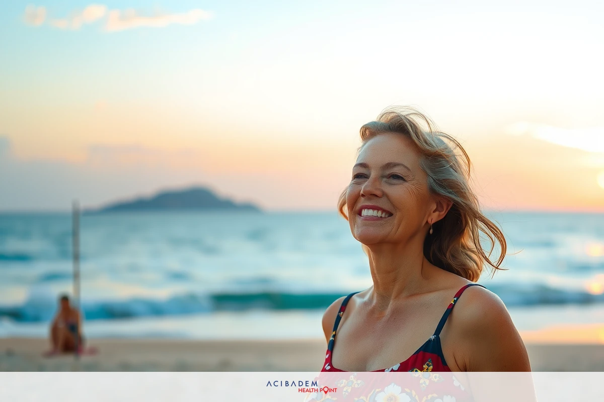 The image shows a person standing on a sandy beach at sunset. The individual appears to be smiling. The background features a clear sky, with the sun low in the sky.