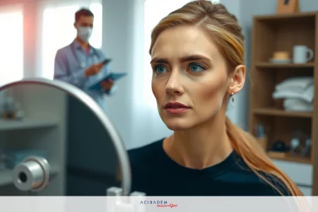 The image features a woman sitting in front of a mirror with a light source above it, presumably for a photography or makeup session. She is wearing a black top and has her mouth slightly open.