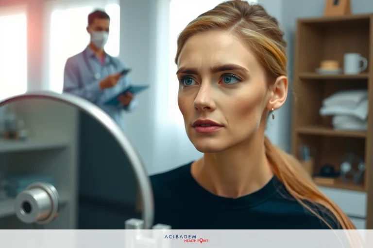 The image features a woman sitting in front of a mirror with a light source above it, presumably for a photography or makeup session. She is wearing a black top and has her mouth slightly open.