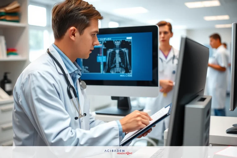 A medical professional in a white coat is standing at a desk with a computer monitor displaying a scan. The environment suggests a modern, clean medical office. There are also other individuals present who appear to be healthcare workers collaborating on the patient's assessment. A medical professional in a white coat is standing at a desk with a computer monitor displaying a scan. The environment suggests a modern, clean medical office. There are also other individuals present who appear to be healthcare workers collaborating on the patient's assessment.