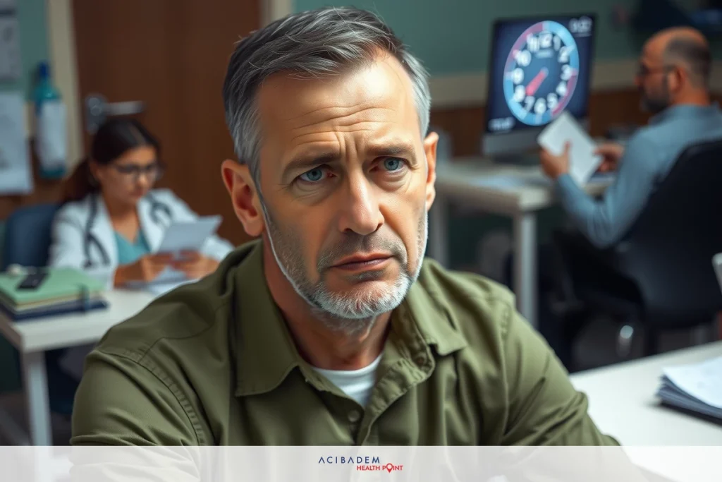 In the image, we see a man seated at a desk in an office environment. He appears to be focused on his work, with papers spread out before him.
