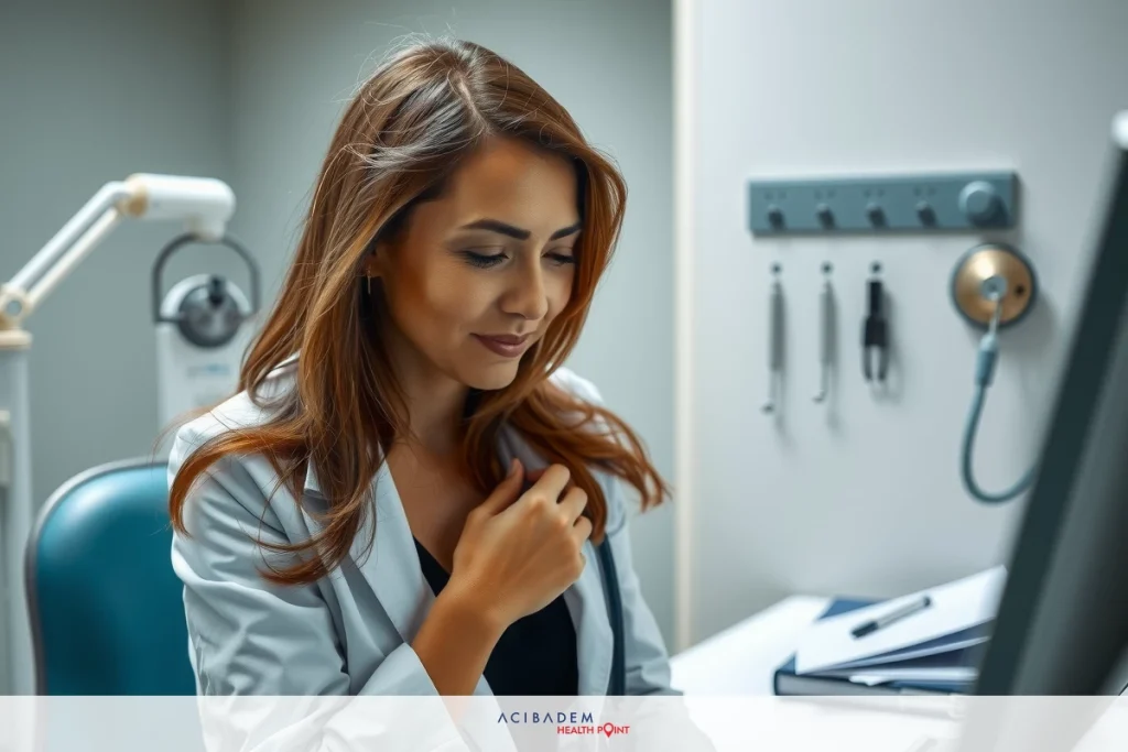 A female doctor wearing a white coat is seated at her office desk with her chin in her hand. The office has medical equipment and computer screen visible, suggesting the setting is a professional medical environment.