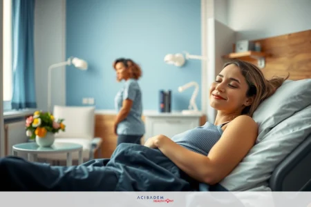 The image depicts a healthcare setting with two people: a medical professional in scrubs, standing to the side of a bed with a patient who is smiling and appears content. The room has a calm and sterile environment with light blue walls.