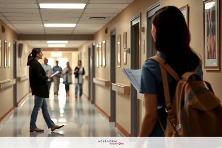 The image portrays a hospital hallway. There are people walking, some looking at each other, possibly engaged in conversation.