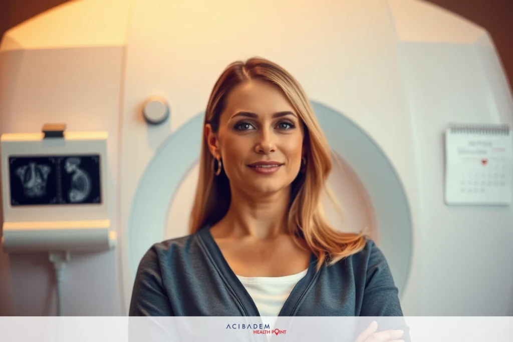 This is a photograph of a woman standing inside an MRI scanner room. She is dressed in casual clothing and appears to be smiling at the camera.