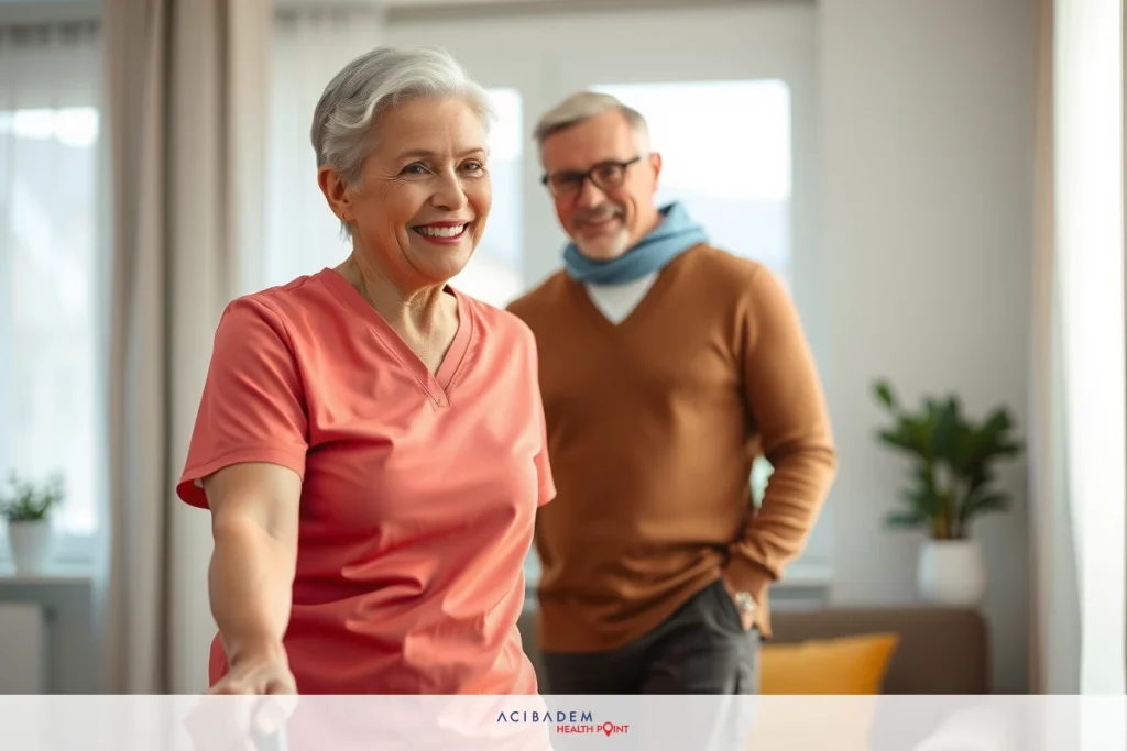 The image features two older individuals in an indoor setting, likely a home. The man is seated on the left and the woman stands to his right.