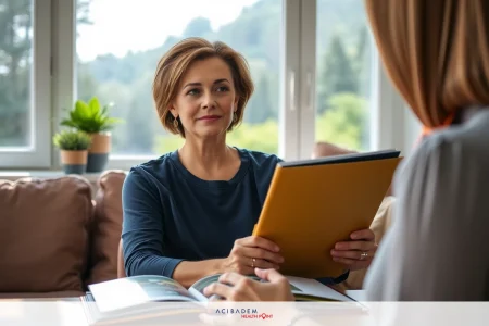 A professional setting with two women engaged in a discussion. One woman is sitting with papers, suggesting she is conducting an interview or reviewing documents.
