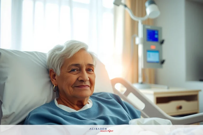 A senior woman in a hospital bed, smiling at the camera. She's wearing a patient gown and appears to be in good spirits despite being in the hospital.