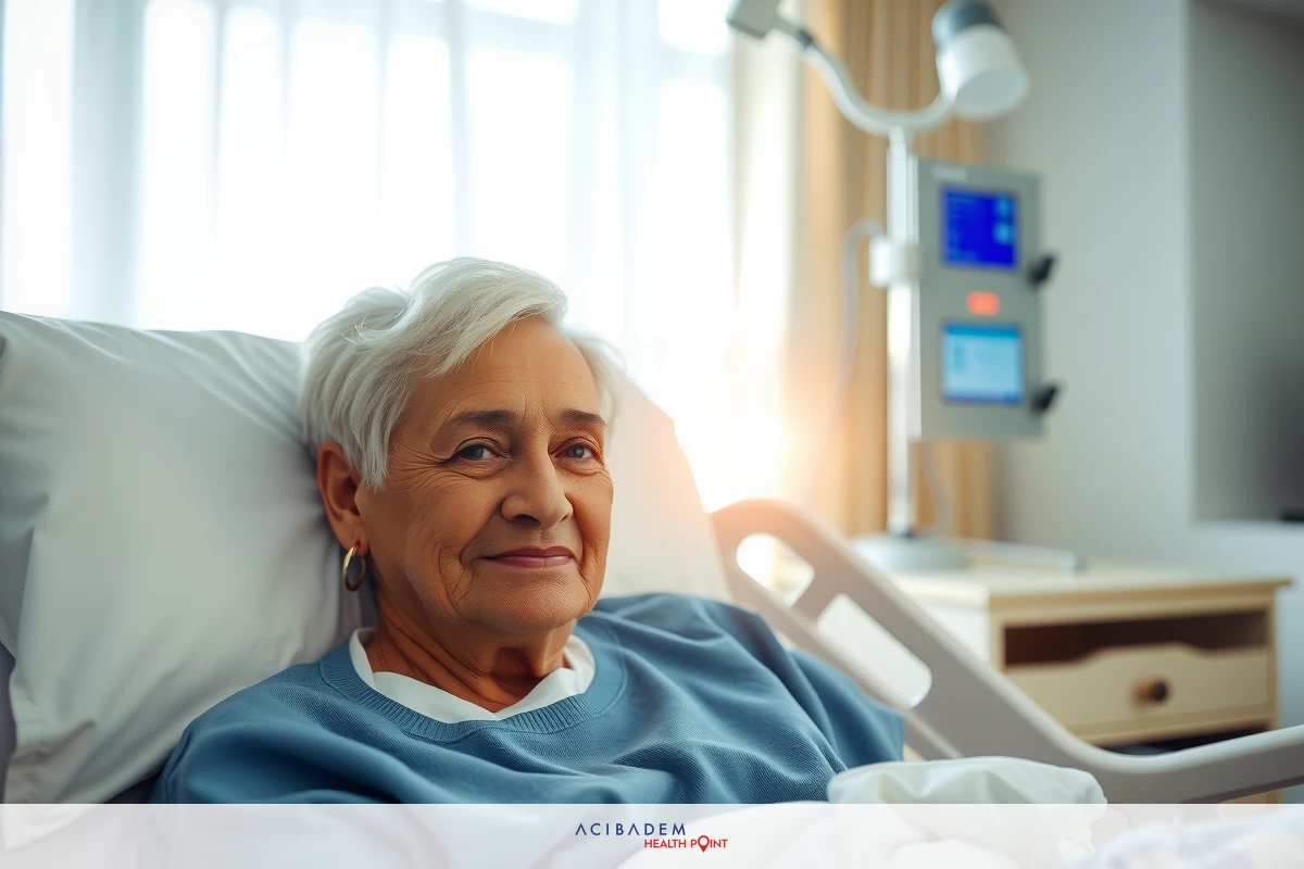 A senior woman in a hospital bed, smiling at the camera. She's wearing a patient gown and appears to be in good spirits despite being in the hospital.