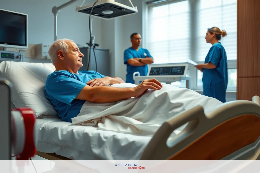 The image shows an elderly person lying in a hospital bed with medical staff attending to them. The scene is set in a well-lit, clean medical room with various pieces of medical equipment visible around the patient's bed.