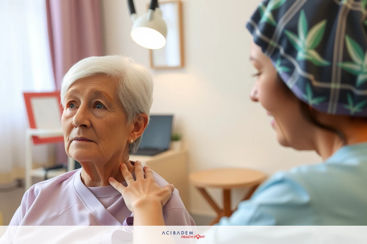 The image shows a medical professional, likely a nurse or therapist, examining an older woman's neck. The setting appears to be indoors, possibly a healthcare facility.