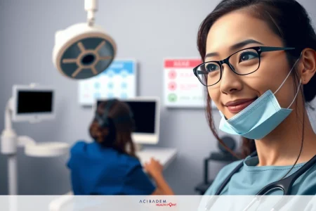 The image features a smiling professional wearing glasses and a face mask, standing in the background with another person seated in front of a medical chair. The office is well-lit with modern equipment visible.