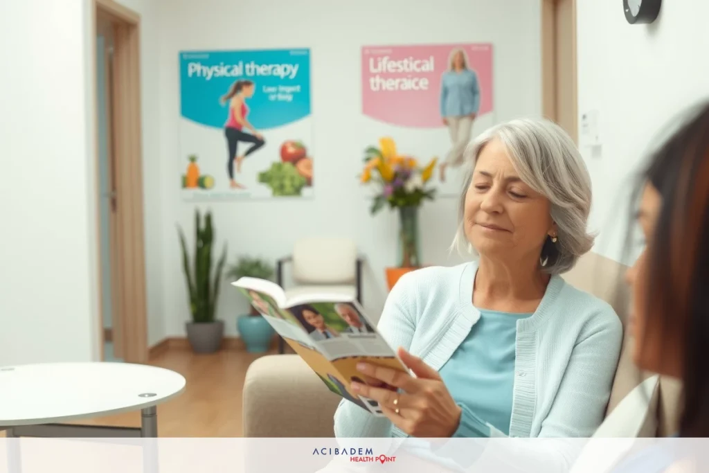 The image portrays an indoor setting, likely a healthcare facility given the presence of medical posters on the wall. A patient is seated while engaging in conversation with a healthcare professional standing next to her. The patient appears to be sharing information from a booklet or brochure related to her condition. The atmosphere seems professional and focused on patient education.