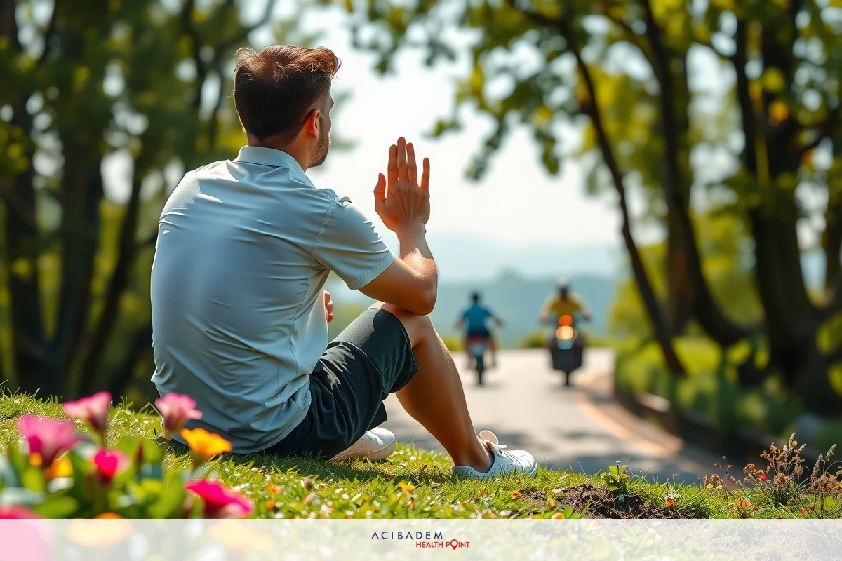 A man sits on a grassy slope, waving and enjoying the view. He is wearing a white shirt and black shorts.