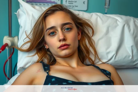 The Communicating vs Non-Communicating Hydrocephalus A woman lies on a hospital bed with medical equipment. She is wearing a blue dress with white details, and her expression appears concerned or contemplative.
