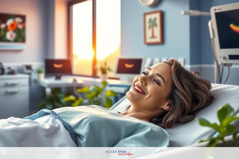 Woman lying in hospital bed with smile on her face, surrounded by equipment. Hospital environment with medical tools and plants for a healthy atmosphere.
