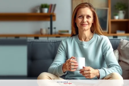 A woman in a cozy living room setting, sipping coffee and smiling, wearing a light sweater. The focus is on her relaxed posture and the warmth of her smile.