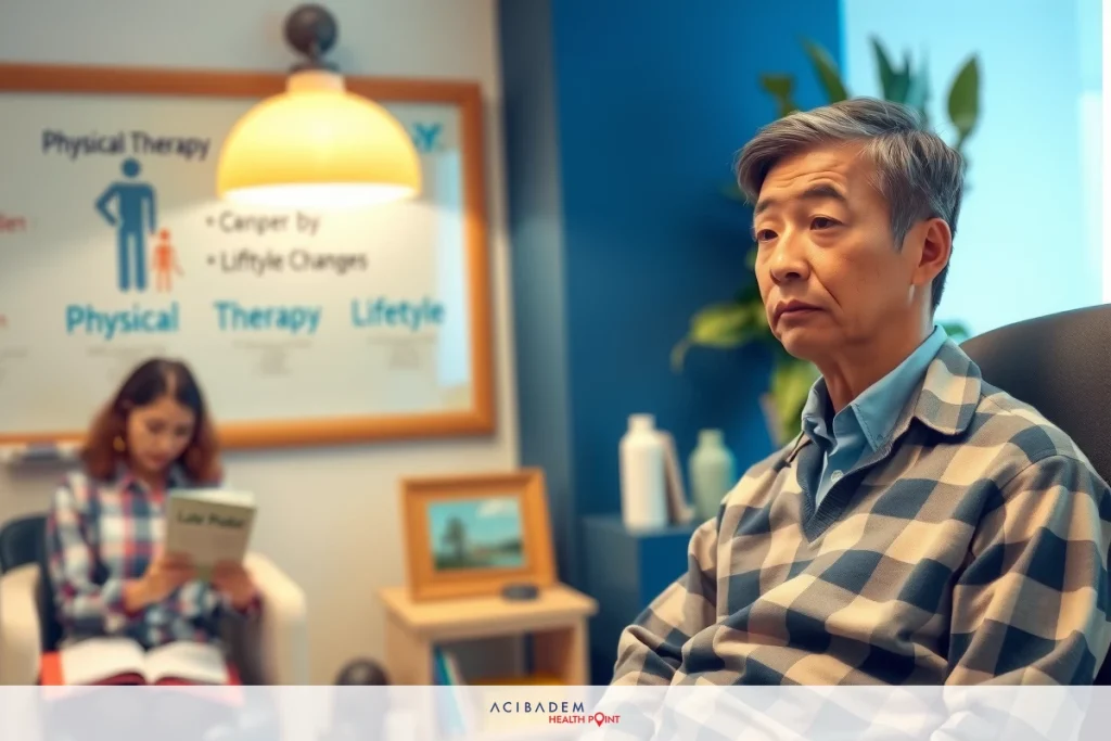 The image depicts an indoor setting, likely a physical therapy office. In the foreground, there is a man sitting in a chair, wearing a plaid shirt and looking downward with his hands on his knees, suggesting a contemplative or waiting posture.