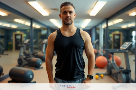 The Ehlers-Danlos Syndrome and Exercise Guidelines In a gym environment, a man stands confidently. He is wearing athletic attire and is situated in front of various workout equipment.