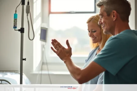 A man and a woman, both wearing medical scrubs, are inside a hospital room. The woman is seated on the bed while the man stands beside her. He appears to be explaining something as he gestures with his hands.