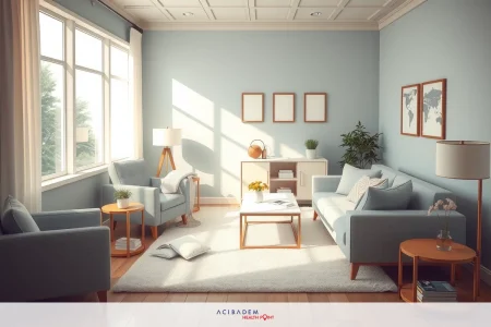 This image shows a well-lit, modern living room. The room features light blue walls that create a calm and inviting atmosphere. Furniture includes a sofa and chairs upholstered in soft, neutral colors. There's a rug on the wooden floor which adds texture and comfort to the space.