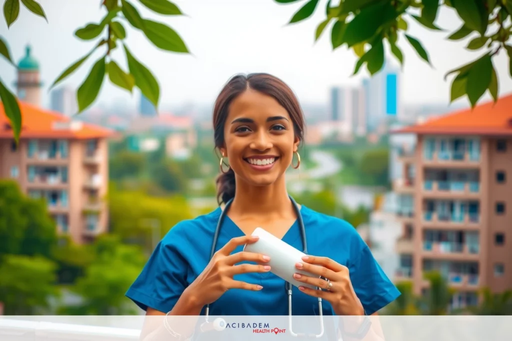 The image features a smiling woman wearing a blue nurse uniform. She is standing outdoors in front of residential buildings, with trees and a partly cloudy sky as the background.