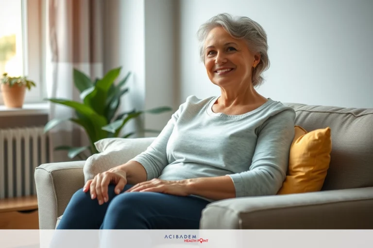 The Emergency Spinal Surgery Risks Recovery Guide Elderly woman seated comfortably on a couch, with her hands clasped in front of her. She is smiling warmly and appears to be at ease in a cozy living room setting.