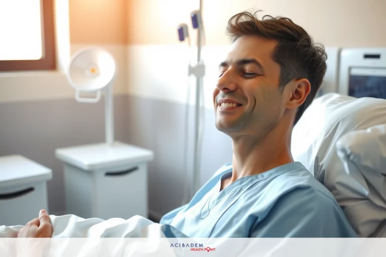 Smiling man in hospital bed, medical staff uniform, bright room. Medical equipment and clean surroundings.