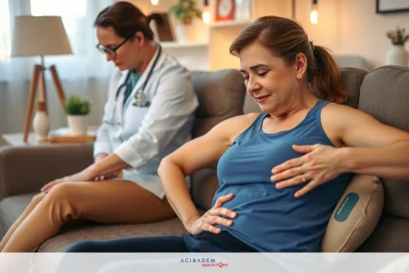 The image shows a woman sitting on a couch, talking to another woman. The woman standing appears to be in medical attire, including a stethoscope around her neck, indicating a healthcare professional role.