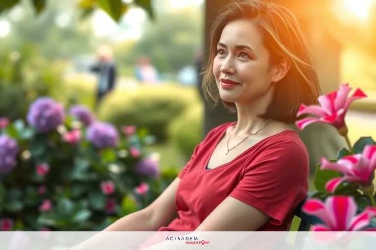 Woman in red t-shirt sitting on bench with pink flowers around. Blurred background suggests casual outdoor setting.