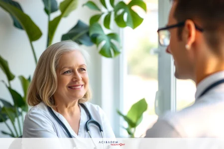 This is a photograph of a professional setting, likely a doctor's office. There is an older woman with gray hair who appears to be a physician, wearing a white medical gown. She seems to be engaged in conversation with another person whose face is not visible, suggesting a consultation. The room has large windows letting in natural light and is decorated in calming colors which create an atmosphere of trust and healthcare professionalism.