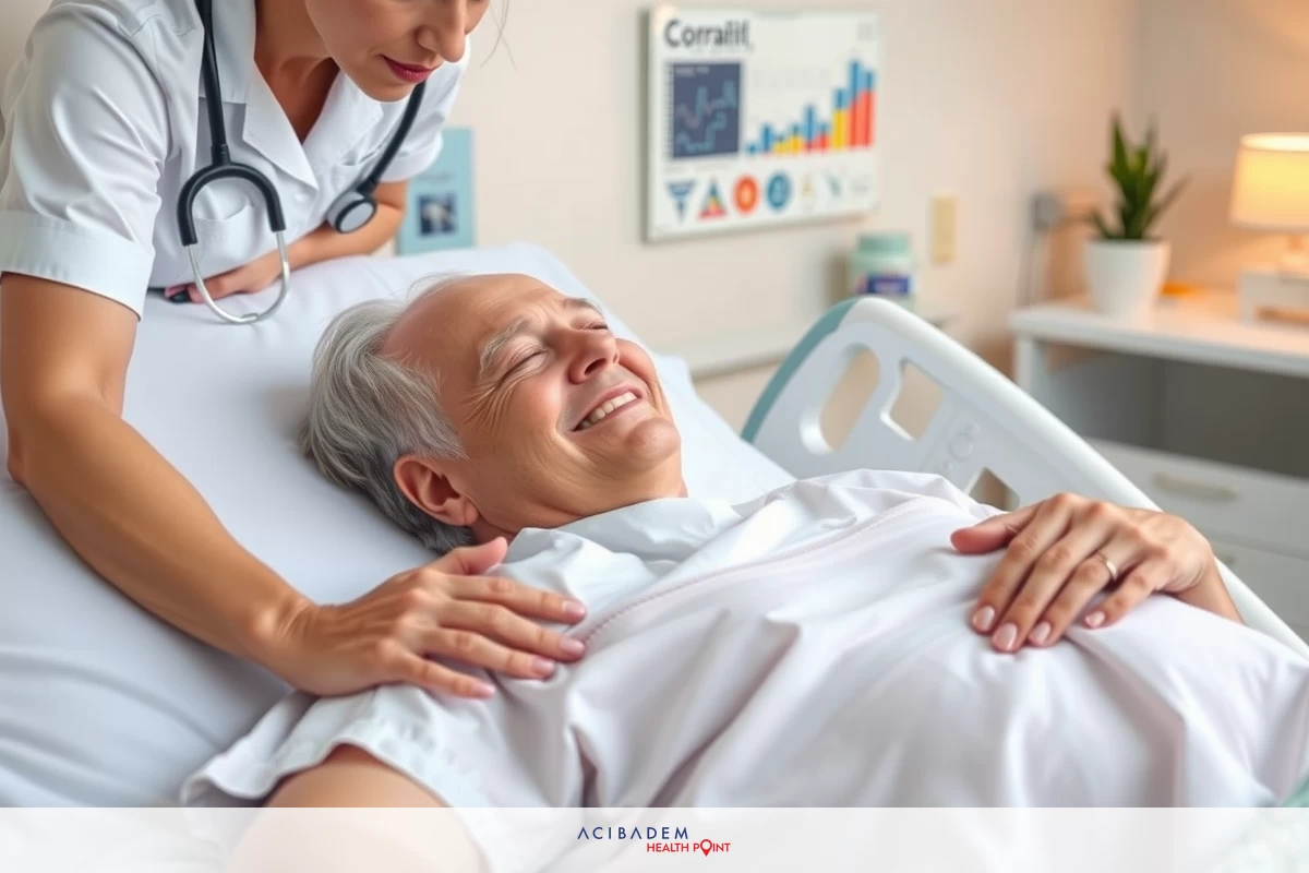 The image depicts a medical setting with an older man lying on a hospital bed. A healthcare professional, likely a nurse or a doctor, is attending to him, placing their hand on the patient's chest in what appears to be a routine checkup or examination.