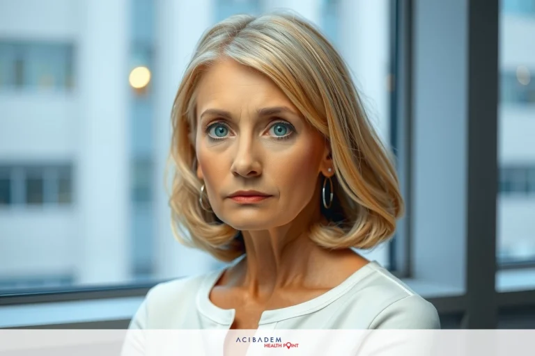The image features a woman seated at a table in an office environment. She has short blonde hair and is wearing a light-colored top.