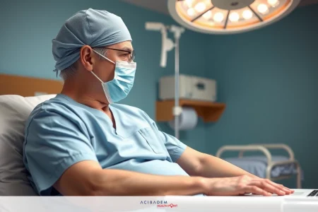 The image depicts a person, wearing full surgical attire and an N95 mask, seated at a bed in what appears to be a hospital setting.