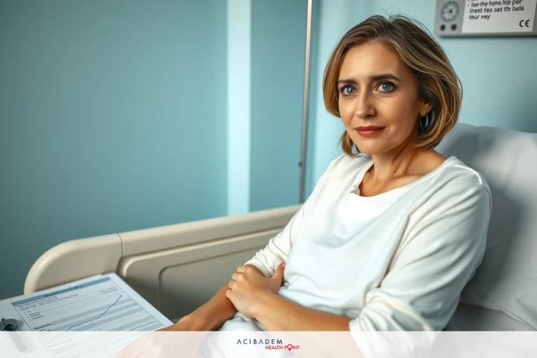 The image shows a woman seated on a hospital bed. She is looking directly at the camera with a calm expression. Her hair is short and her attire is casual. There are medical charts or papers in front of her, indicating she might be receiving treatment or being monitored during her stay.