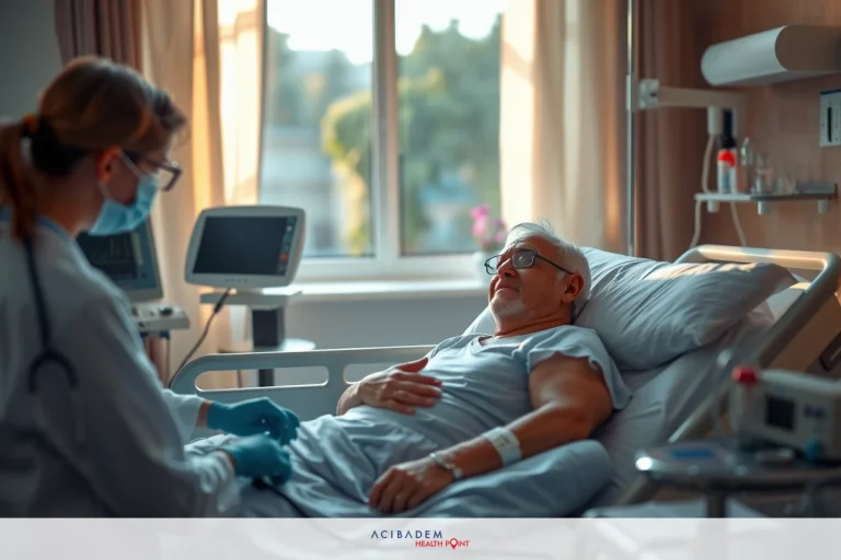 A medical professional wearing a white coat and face mask is attending to a patient lying on a bed in a hospital room. The scene suggests a clinical environment with modern medical equipment.