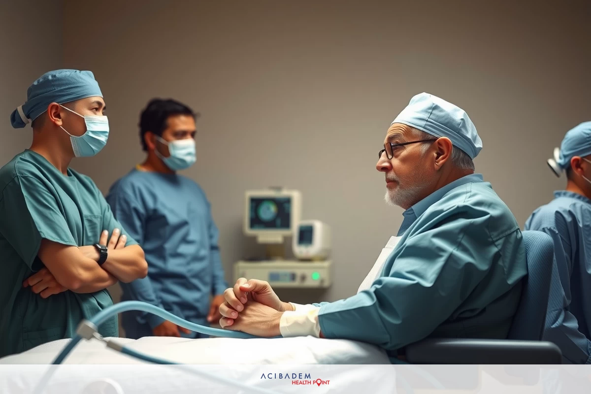 The image depicts a medical emergency. A patient is seen lying on a hospital bed with various monitoring devices. A team of medical professionals in surgical attire are gathered around the patient. They appear to be discussing treatment options, with one surgeon possibly leading the conversation.