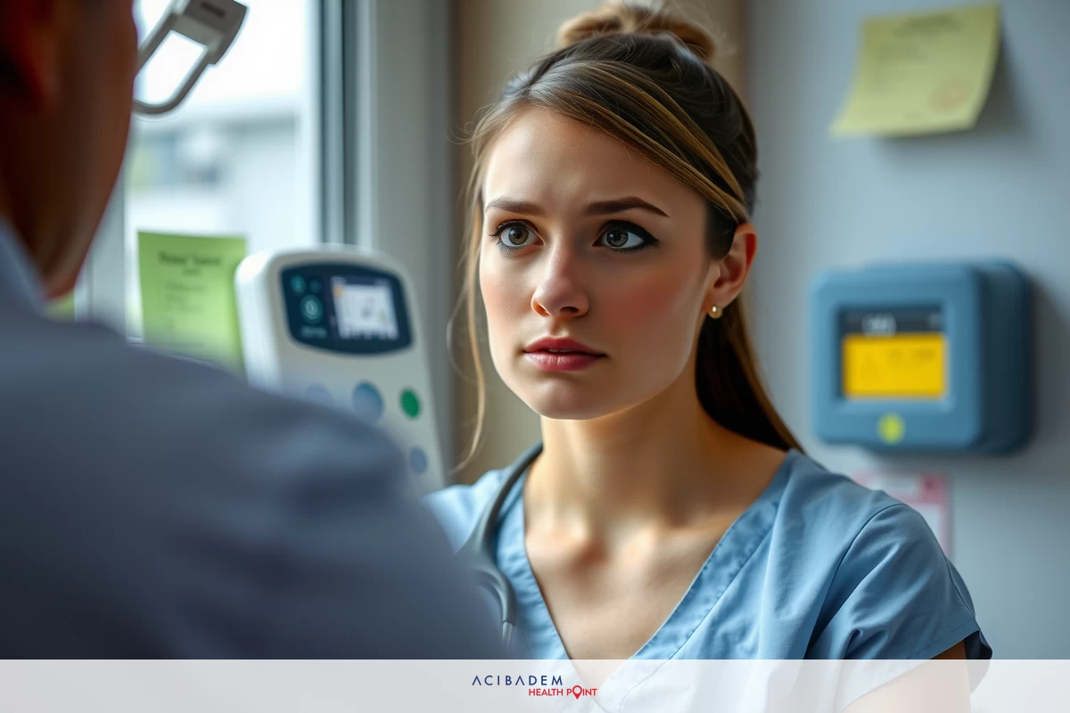 In the image, there is a woman in blue scrubs. The woman appears to be undergoing a medical consultation, as suggested by the medical equipment.